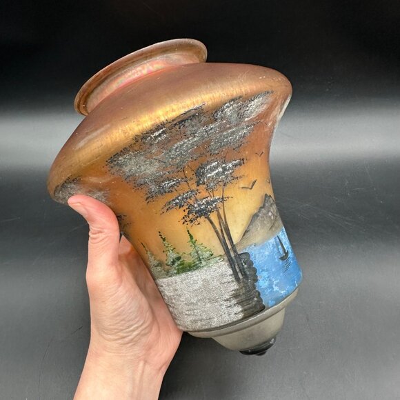 Vintage Glass Lamp Shade Light Fixture Stretch Hand Painted Art Hanging Landscap - Picture 12 of 15